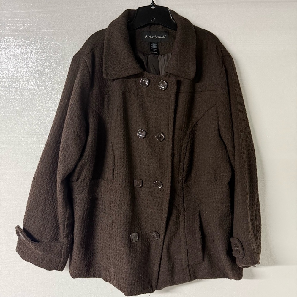 Ashley Stewart Coat Women Plus Size 26 Brown Textured Square Button Wool Blend